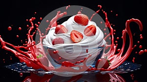 A floating yogurt swirl accompanied by fresh strawberries.