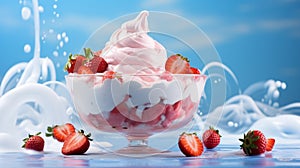 A floating yogurt swirl accompanied by fresh strawberries.