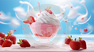 A floating yogurt swirl accompanied by fresh strawberries.