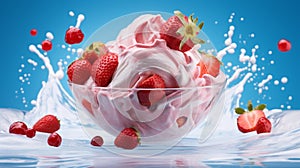 A floating yogurt swirl accompanied by fresh strawberries.