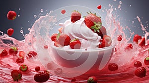 A floating yogurt swirl accompanied by fresh strawberries.