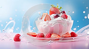 A floating yogurt swirl accompanied by fresh strawberries.