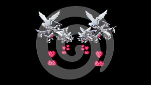 A flock of 8-bit pigeons on quadcopters drop pixel hearts, pacifism concept.