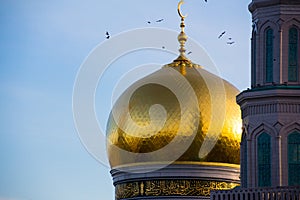 A flock around the golden dome and crescent of central cathedral