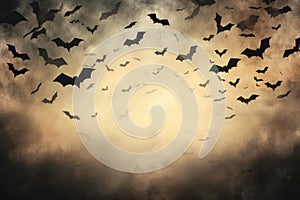 Flock of bats flying through a cloudy sky