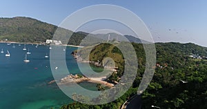 A flock of birds flies over the beach and forest coast with a road