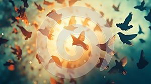 A Flock Of Birds In Flight Against A Sunset Sky