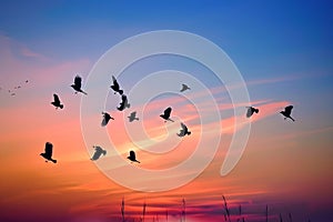 A Flock of Birds Flying in the Sky at Sunset