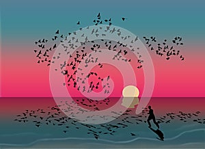 A flock of birds and a man running ind the surf at sunset
