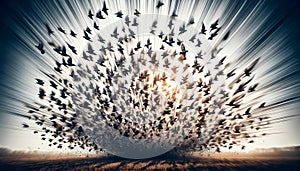 A flock of birds in motion blur forming a circular pattern