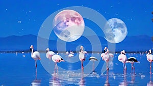 Flock of birds pink flamingo runing on the blue salt lake