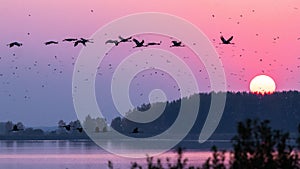 Flock of birds silhouetted against the sky at sunset, near a setting sun