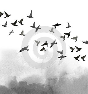 Flock of birds in the sky. Monochrome clouds. Minimalist watercolour illustration on white background.