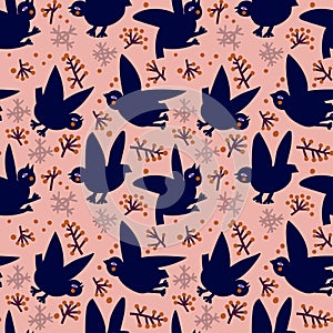 Flock of birds among the snowflakes and rowan twigs, seamless vector pattern