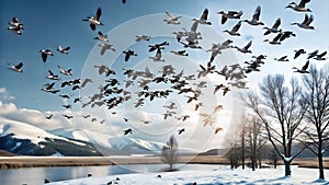 Flock of Birds in Spring Valley at Dusk