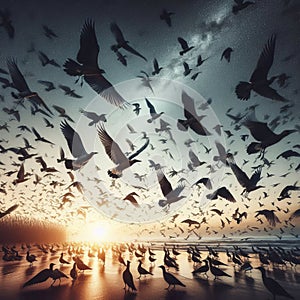 A flock of birds suddenly taking flight in unison alarm calls pi photo