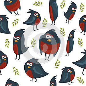A flock of birds. Unusual and funny painted birds in a cartoon style. Cartoon. Stickers. Design of postcards, textiles. Print for