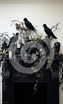 a flock of black birds sitting on a mantel