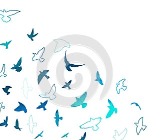 A flock of blue watercolor flying birds. Free birds abstraction. hand drawing. Not AI. Vector illustration