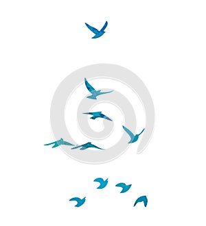 A flock of blue watercolor flying birds. hand drawing. Not AI, Free birds abstraction. Vector illustration