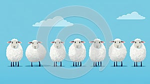 A flock of cheerful cartoon sheeps on a blue background.