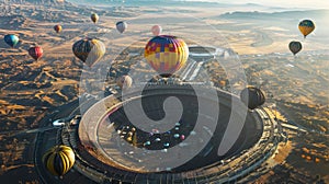 A flock of colorful hot air balloons soaring over an array of massive circular stadiums their shadows stretching over