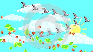 A flock of cranes flies in the clouds against the blue sky with the sun