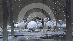 Flock of demon sheep in winter landscape