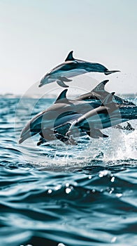 A flock of dolphins frolicking in the ocean waves jumps above the surface of the water