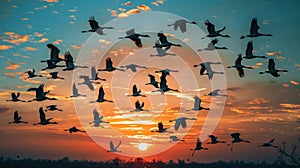 a flock of ducks flying against sunset background to migrate home, world migratory bird day, banner