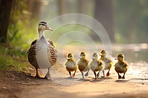 A flock of ducks makes its way down a dirt road, moving in unison, A mother duck followed by a line of ducklings, AI Generated