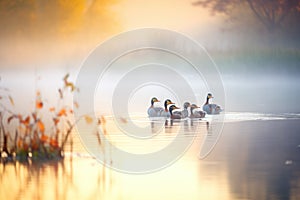 flock of ducks stirring quiet lake at daybreak