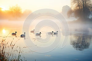 flock of ducks stirring quiet lake at daybreak