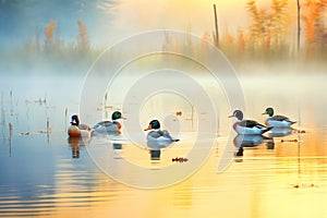 flock of ducks stirring quiet lake at daybreak