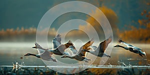 a flock of ducks takes off from the lake to migrate home, world migratory bird day, banner photo