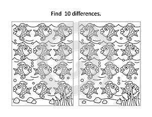Flock of fish find the differences picture puzzle and coloring page