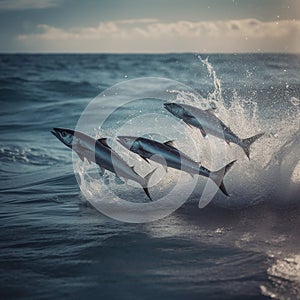 A flock of fish jumps out of the water over the surface of the sea, flying fish, close-up,