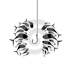 Flock of fish near the hook. Silhouette of schools of fish around the fish hook. Vector illustration of fishing.