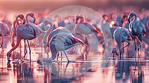a flock of flamingos are standing in the water at sunset