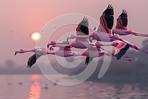 Flock of flamingos taking flight.