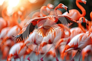 Flock of flamingos taking flight.
