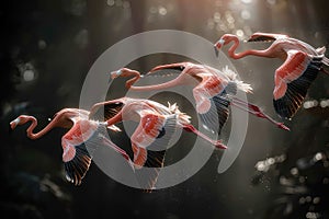 Flock of flamingos taking flight.