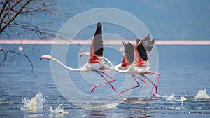 Flock of flamingos taking off. Kenya. Africa. Nakuru National Park. Lake Bogoria National Reserve.