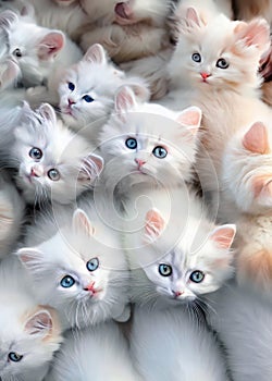 Flock of fluffy white kittens, portrait of ruffle white little cats, animal world, pet life, felines playing together, cute white