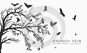 Flock of flying birds on tree branch