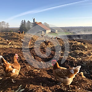 A flock of free-range chickens on regenerative farm in the background.