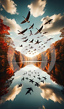 a flock of geese flying over a lake, framed by the autumn sky. landscape background