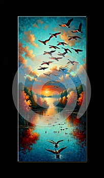 flock of geese flying over a lake, framed by the autumn sky. landscape background, painting