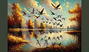 flock of geese flying over a lake, framed by the autumn sky. landscape background, painting