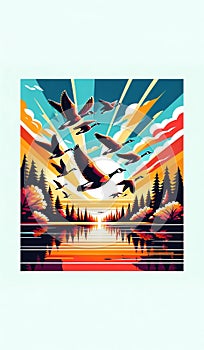 flock of geese flying over a lake, framed by the autumn sky. landscape background, Vector